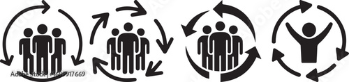 Set of teamwork and group icons with circular arrows, symbolizing collaboration, community support, people management, leadership, human resources, social connection, and continuous relationship build
