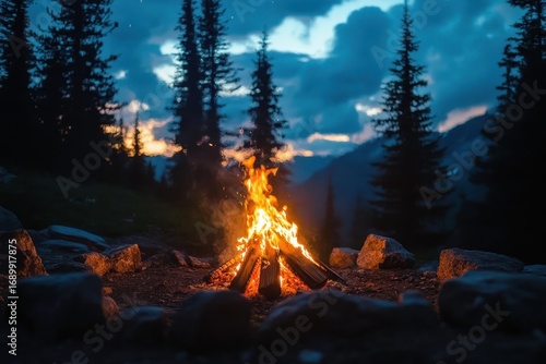 Bright campfire glowing with dancing flames surrounded by stones in a forest clearing at dusk with tall pine trees and a cloudy blue sky