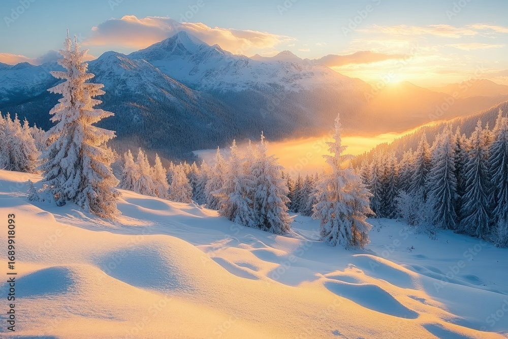 Golden sunrise over a snowy mountain landscape with frost-covered pine trees and soft snowdrifts creating a peaceful winter morning scene Golden sunrise over a snowy mountain landscape with frost-covered pine trees and soft snowdrifts creating a peaceful winter morning scene