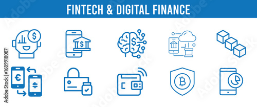 Fintech and digital finance icons representing modern banking and technology solutions vector