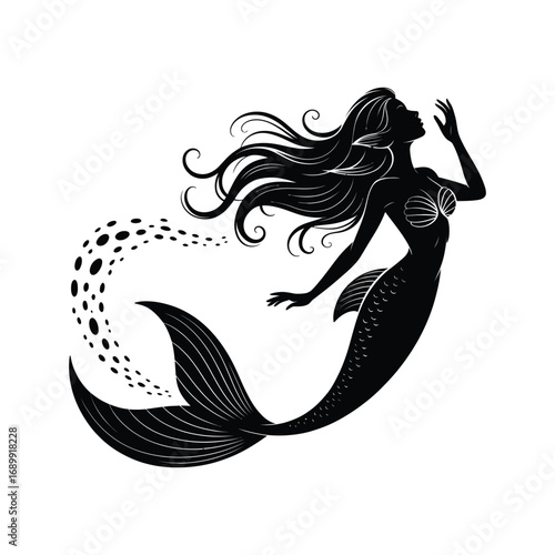 Elegant Mermaid Silhouette Illustration Swimming Gracefully with Flowing Hair and Shell Bra