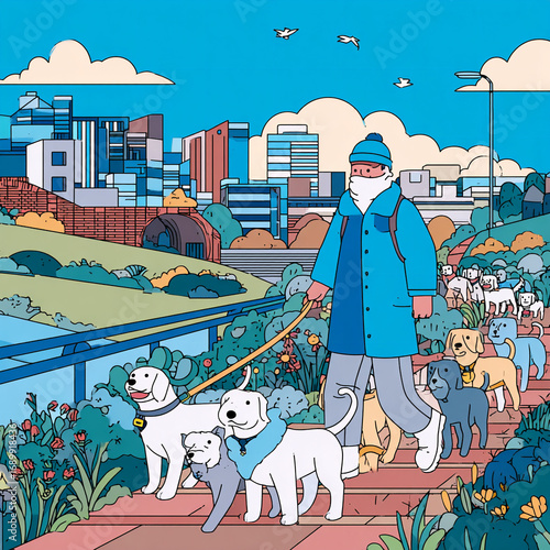 Dogwalker - A cheerful figure guiding a pack of playful dogs along a city path --sref 2782005208 --v 7.0 - @ttkd0310 (relaxed)