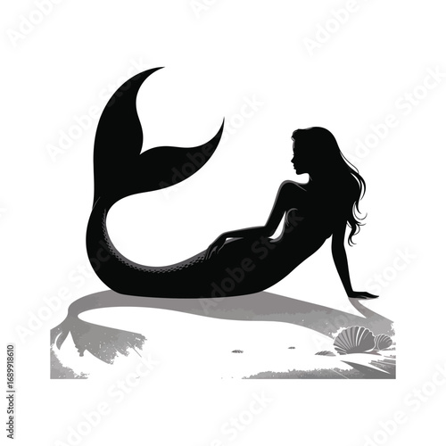 Enchanting Mermaid Silhouette Illustration on Seashore Serene Aquatic Creature Design
