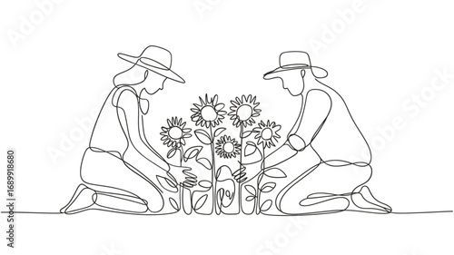 Couple kneeling together planting sunflowers in a garden with minimalist line art style