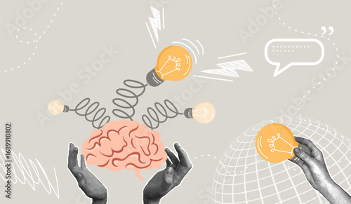 Trendy halftone collage. Banner on the theme Creative thinking and idea generation. Concept of new business ideas, innovations, ideas shoot out of a working brain.