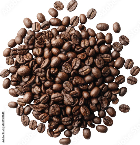 Pile of roasted coffee beans scattered on a white background Keywords: coffee, beans, roasted