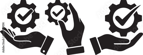 A creative illustration of hands holding gears with check marks representing quality assurance, process management, business solutions, teamwork, innovation, and successful results