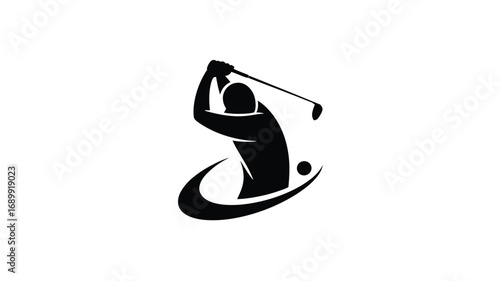 Silhouette of a golfer swinging a club with a golf ball and abstract swoosh