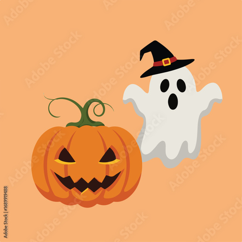 A jack-o'-lantern and a ghost wearing a witch hat are featured on an orange background in this cartoon Halloween design.