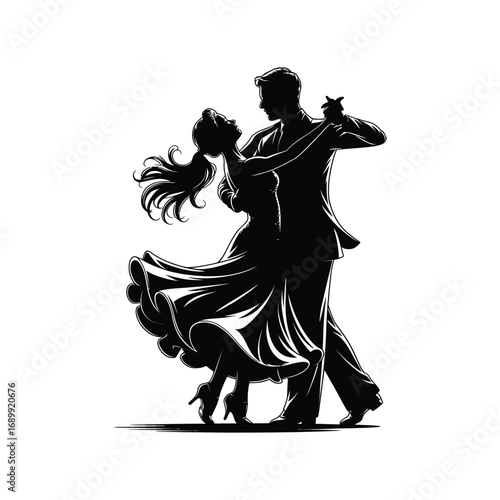 Ballroom Dancers Silhouette Illustration of a Couple Performing Ballroom Dance in Black and White
