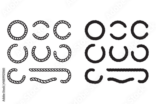 Round rope curve symbol set. Different thickness circular ropes set for decoration. Vector isolated on transparent background.