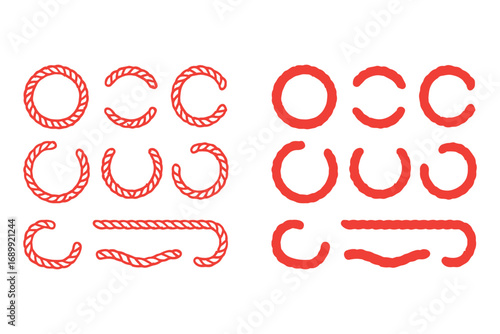 Round rope curve symbol set. Different thickness circular ropes set for decoration. Vector isolated on transparent background.