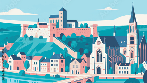 Illustration of Dinant Cityscape with a Citadel and Cathedral Vector Design Template