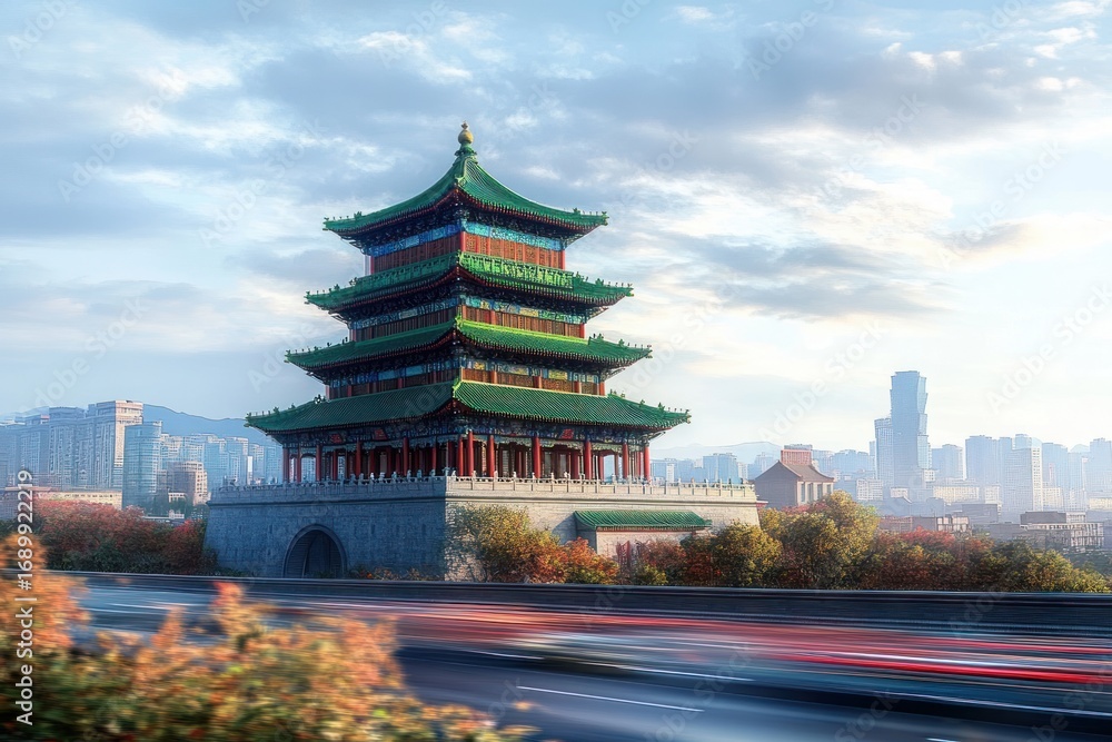 Fototapeta premium Traditional multi-tiered pagoda with green tiled roofs and red pillars standing beside a busy highway with blurred car lights against a city skyline and cloudy sky during daytime