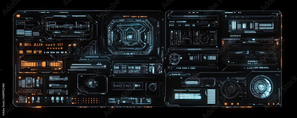 Fototapeta premium Futuristic digital control panel with glowing blue and orange interface elements and complex circuitry design on a dark background