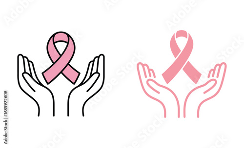 Hands holding a pink ribbon for breast cancer awareness, support, and hope.