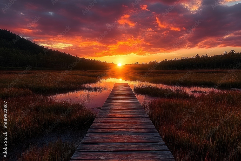 Naklejka premium Wooden boardwalk leading through marsh grass toward a vibrant sunset with dramatic orange and purple clouds over forested hills