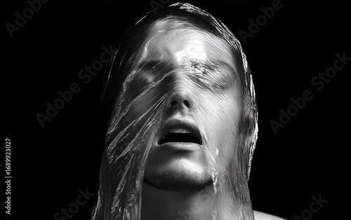 Close-up of a person with eyes closed and mouth slightly open, face covered tightly with transparent plastic film, conveying distress and suffocation