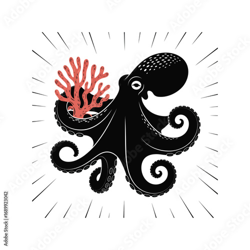 Octopus Silhouette Illustration with Coral Reef Marine Life Ocean Creature Design