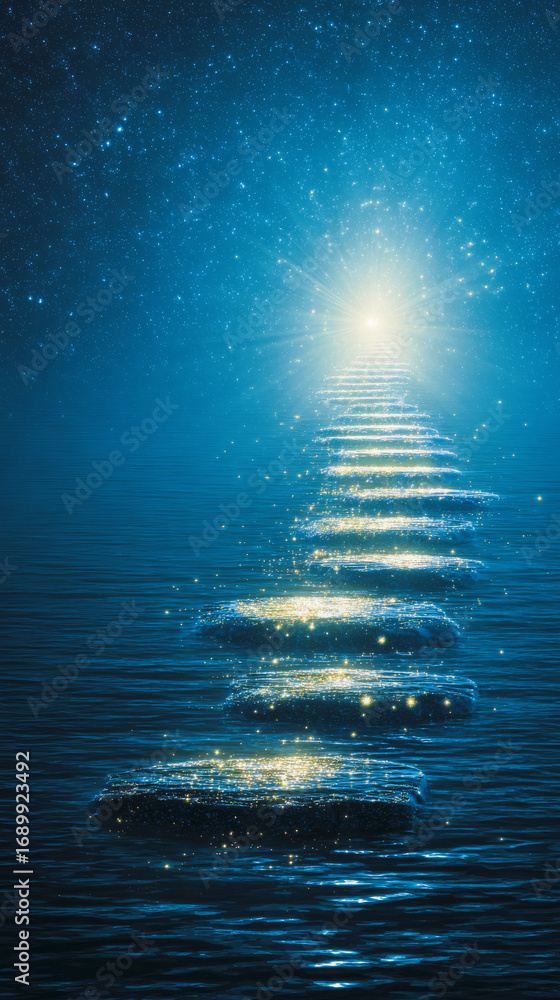 Obraz premium Glowing path of floating footsteps ascending toward a radiant health summit.