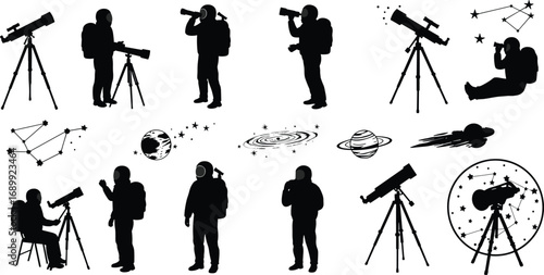 Astronaut silhouette exploring space with telescope, star constellations, planets, galaxy, and cosmic observation, astronomy, stargazing, space exploration vector icons