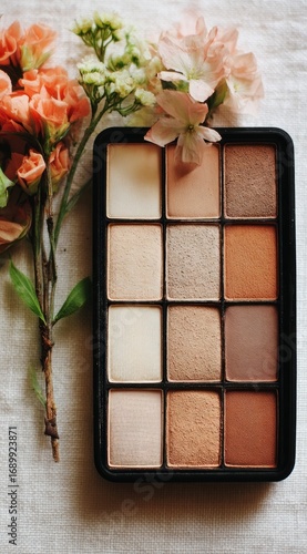 Makeup palette with neutral eyeshadows next to a bouquet of peach & white flowers on a textured white surface
