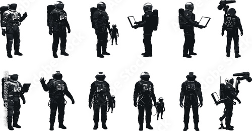 Astronauts in space suits exploring, using technology, robotics, futuristic space mission, zero gravity, space exploration, science, innovation, technology.