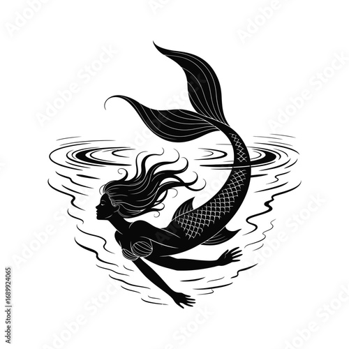 Serene Mermaid Silhouette Illustration Swimming in Water with Ripples Design Element