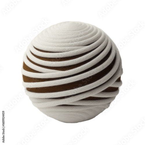 Textured spherical object with brown core wrapped in white textured lines