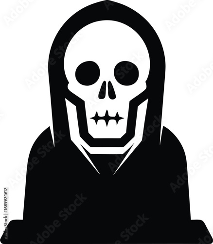 Silhouette of the Grim Reaper with a skull face and a hooded robe on a white background death skeleton