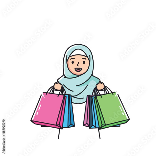 Cartoon illustration of a happy woman wearing a hijab holding colorful shopping bags.