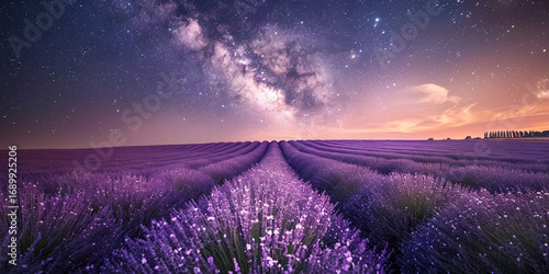 空とラベンダー畑の幻想的な風景