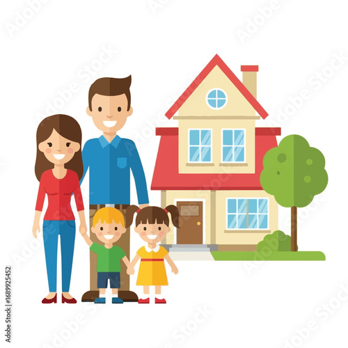 A happy family of four stands in front of their new home, smiling.