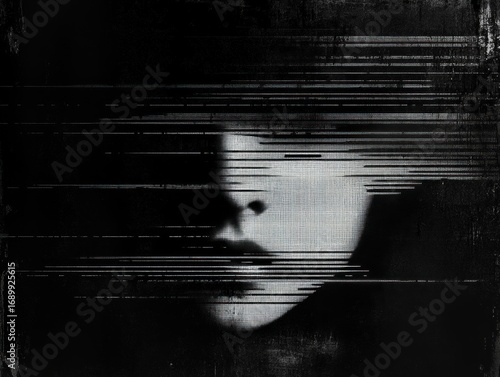 Abstract distorted black and white close-up of a human face with horizontal glitch lines creating a sense of mystery and fragmentation