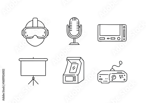 Modern and retro media gadget icon collection. Simple line art symbols including virtual reality, audio recording, and video projection for digital presentations