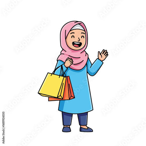 A cheerful woman in a hijab waves while holding shopping bags, smiling happily.