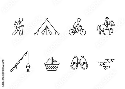A minimalist line art icon set representing outdoor recreation and leisure activities like hiking, camping, biking, and fishing