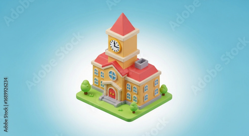 Isometric cartoon school building with clock tower illustration for education and architecture design, 3d render