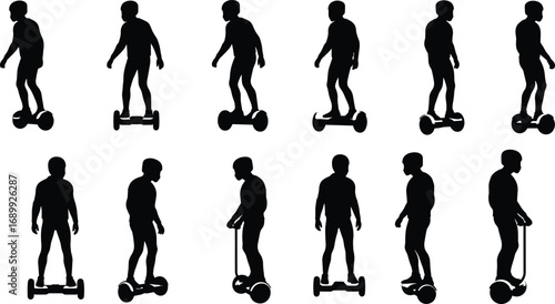 Silhouette of man riding hoverboard, electric scooter, personal transporter, modern urban mobility, futuristic transportation, balance, technology, outdoor activity, lifestyle concept