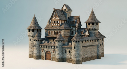 Medieval castle architecture design illustration of stone fortress with towers and detailed roof design