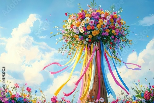 Brightly colorful maypole adorned with a large bouquet of daisies, sunflowers, and wildflowers, fluttering multicolored ribbons against a sunny blue sky with scattered clouds