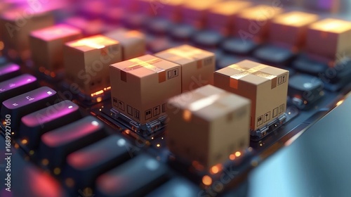 Small cardboard packages placed on black computer keyboard keys under colorful lighting creating a futuristic and miniature delivery concept
