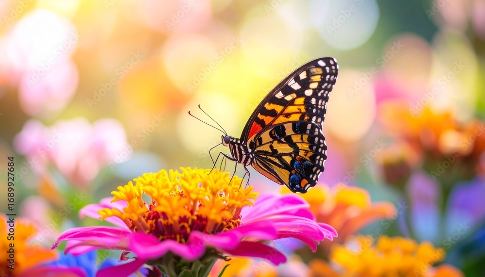 Obraz premium Closeup Butterfly on Flower Blossom in Nature Showing Wildlife Diversity, Colorful Environment, and the Importance of Biodiversity for Conservation