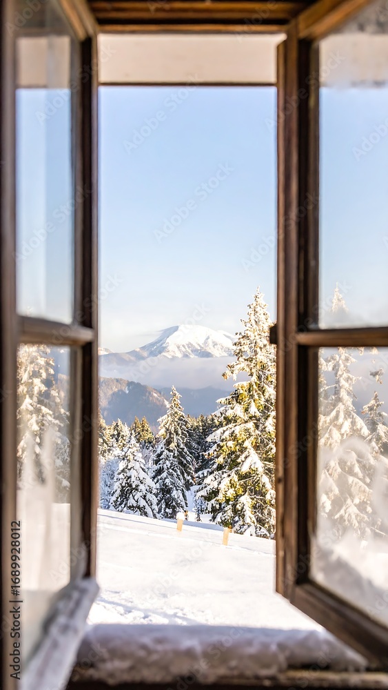 Fototapeta premium Snowy Mountain View from Window