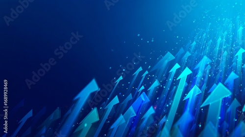Abstract glowing blue arrows rise diagonally upward, conveying growth and success with energy.
