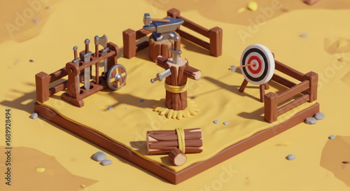 Medieval weapons and archery target practice range with swords axes and anvil illustration design art