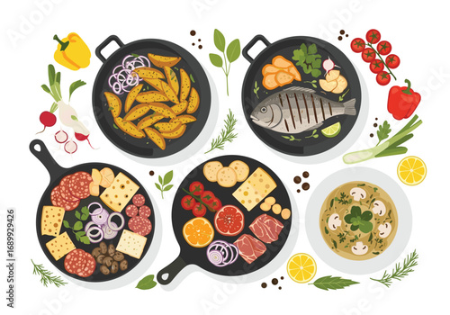 Delicious variety of prepared food dishes arranged artfully, perfect for culinary inspiration and menu design