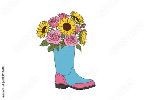 Whimsical bouquet of pink roses and sunflowers nestled inside a vibrant blue rain boot