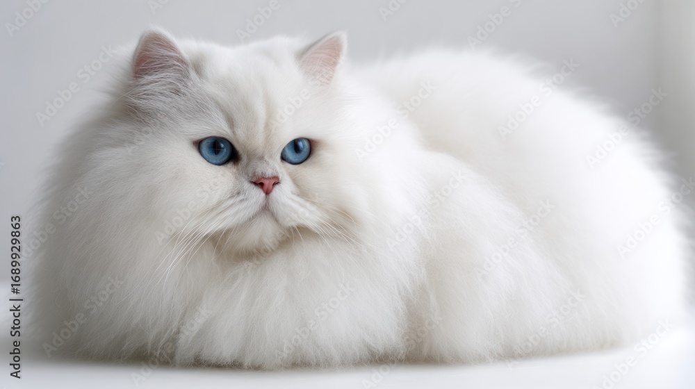 Fototapeta premium White Persian Cat with Blue Eyes Resting on Light Background