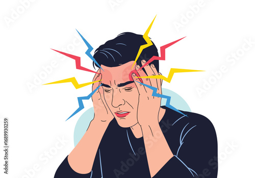 Man experiencing intense headache with sharp pain radiating from temples and forehead